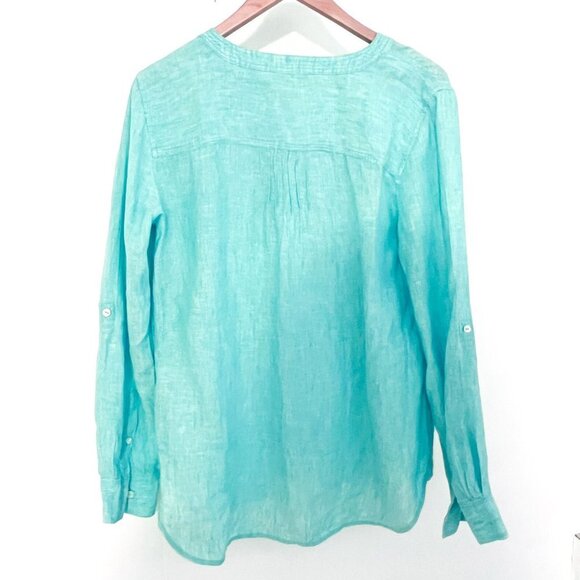 Talbots Linen Cross Dyed Tops Camp Shirt Long Roll Tab Sleeves V-Neckline - Picture 6 of 10